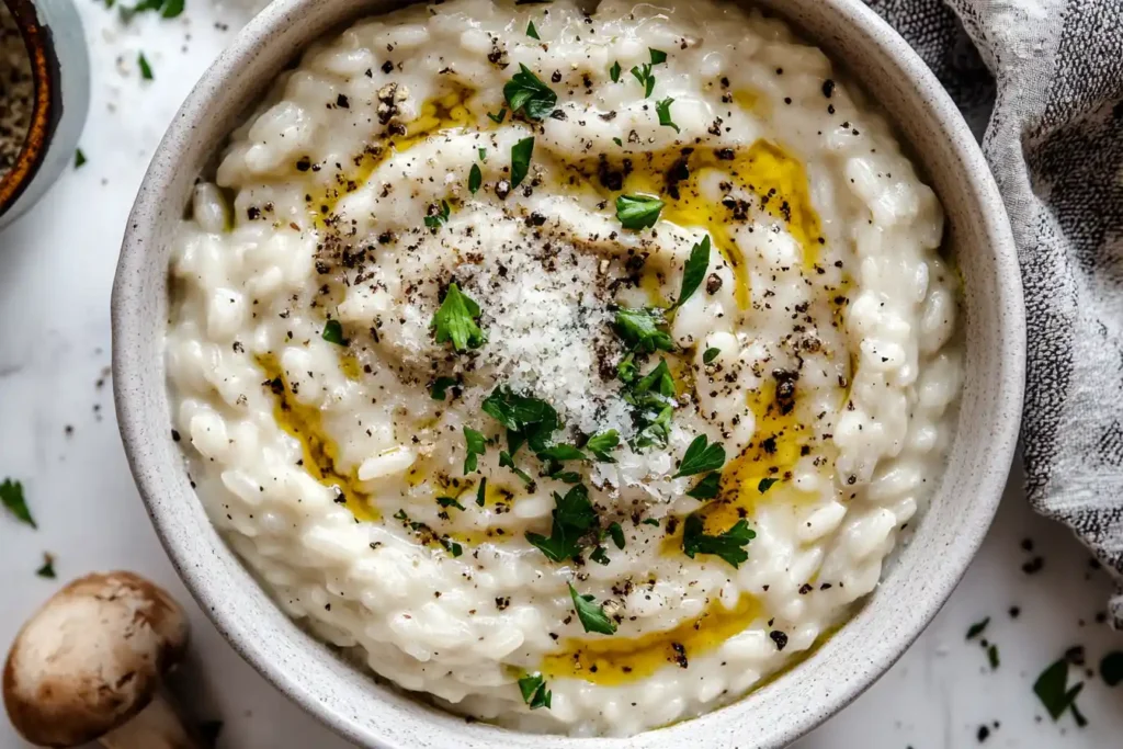 Creamy Maitake mushroom risotto topped with Parmesan and parsley.