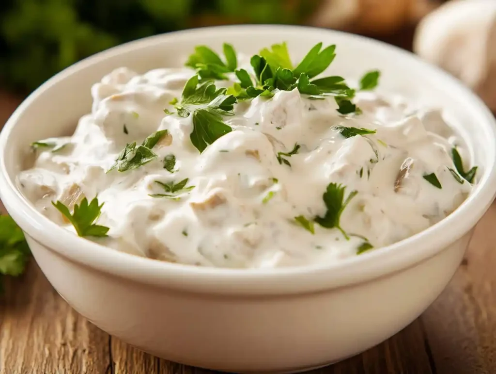 A creamy bowl of stroganoff with parsley garnish