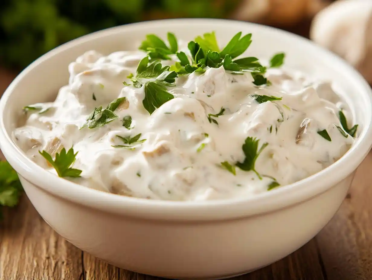 A creamy bowl of stroganoff with parsley garnish