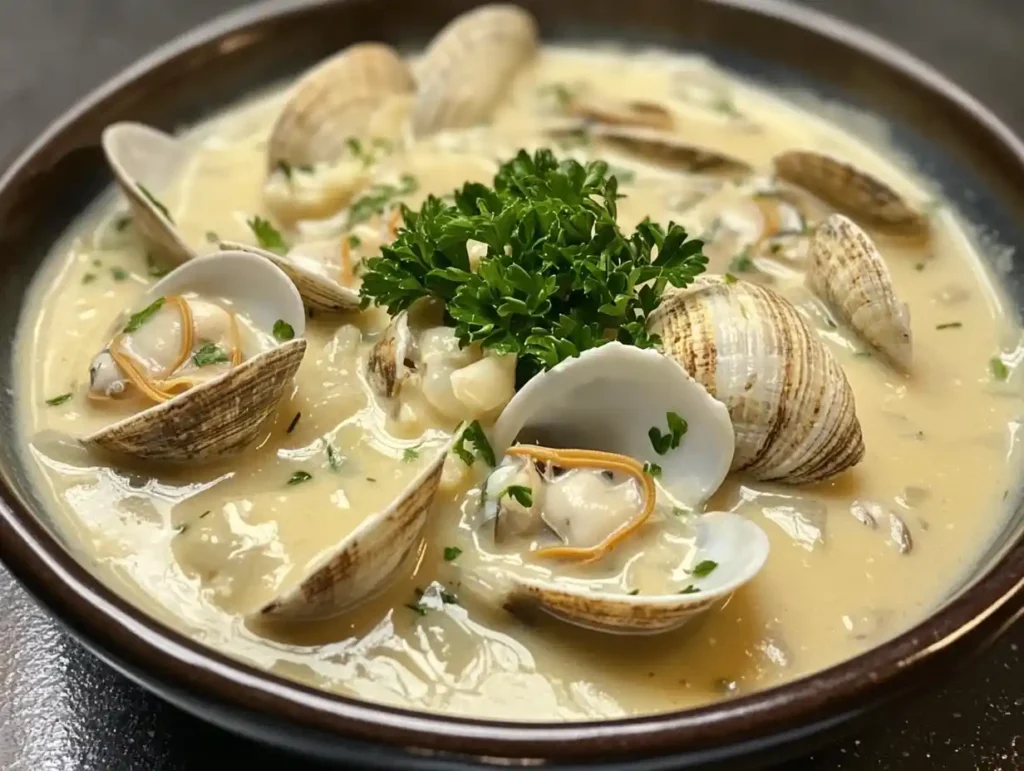 A creamy clam chowder served in a bread bowl.