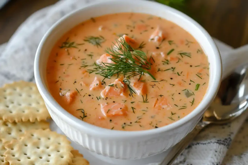Creamy salmon chowder garnished with dill and served with crackers.