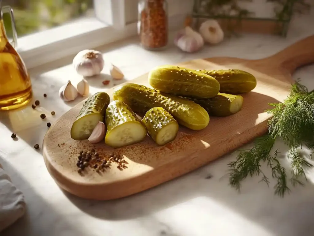 A vibrant display of kosher dill pickles with garlic and spices on a cutting board