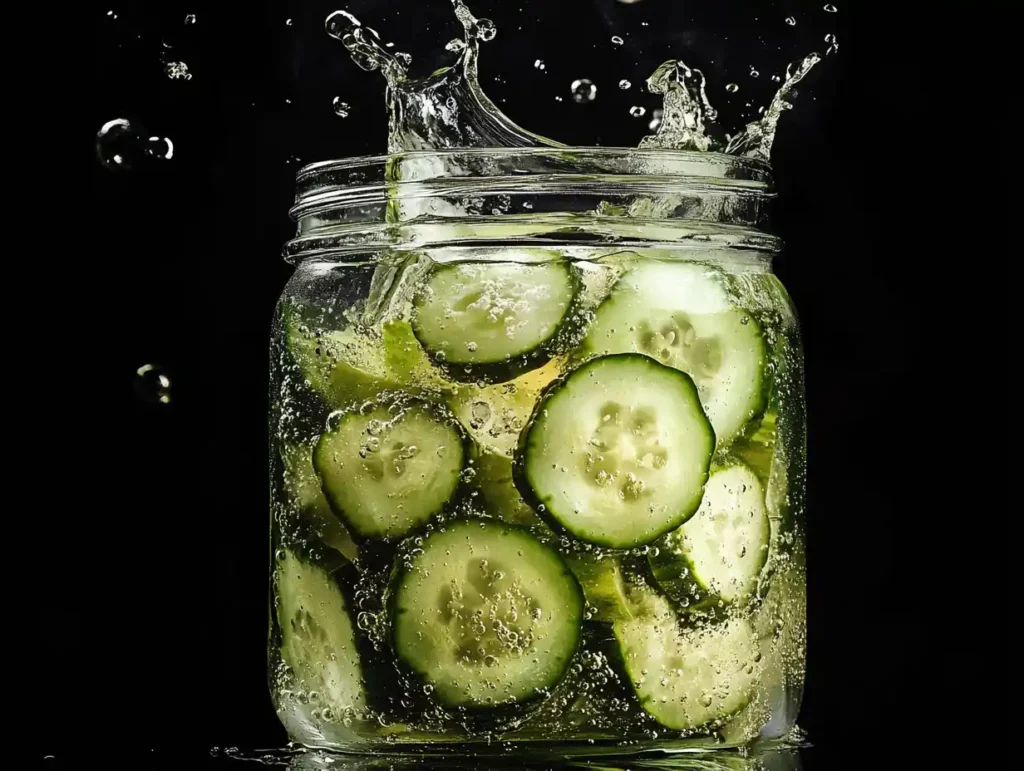 A close-up of sliced cucumbers in brine.