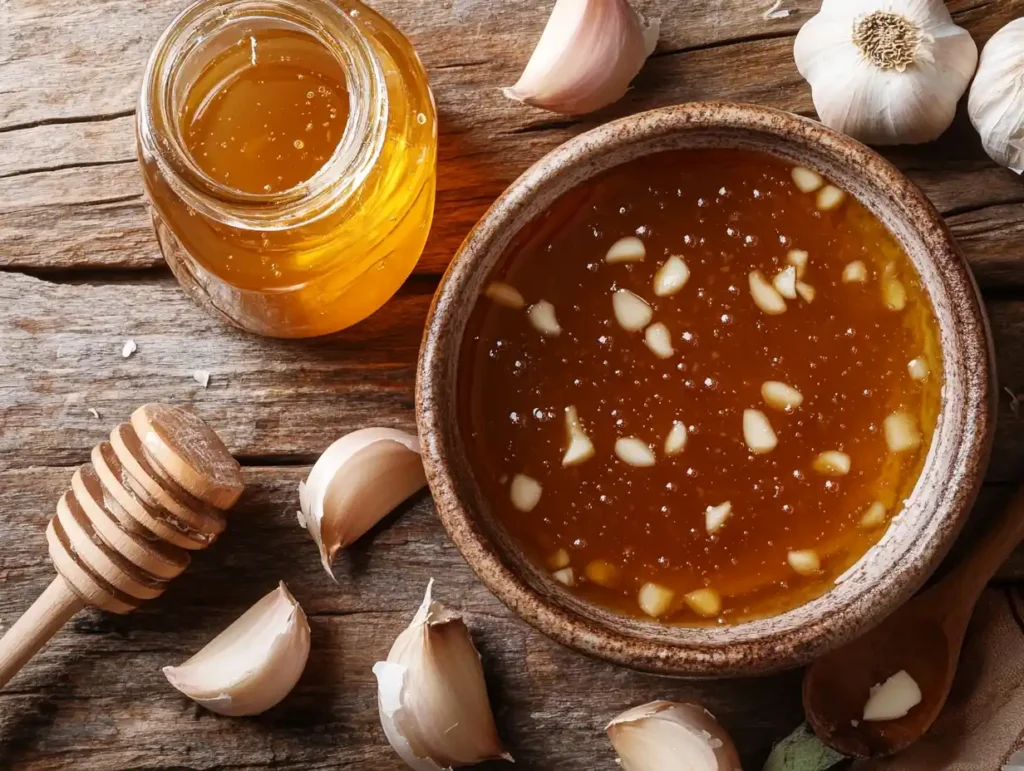 Honey garlic sauce in a small bowl surrounded by fresh garlic and a jar of honey.