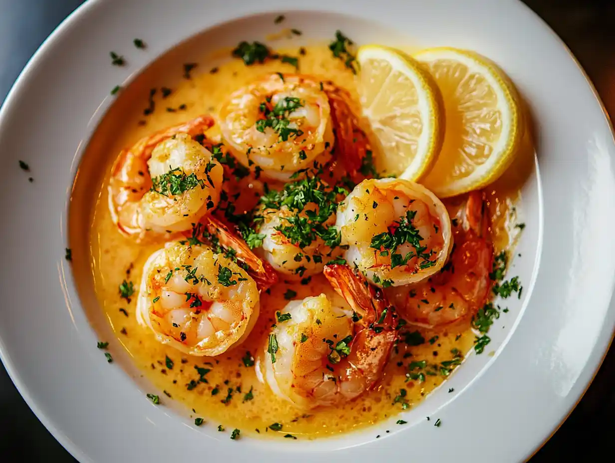 A plate of shrimp garlic butter garnished with parsley and served with lemon slices