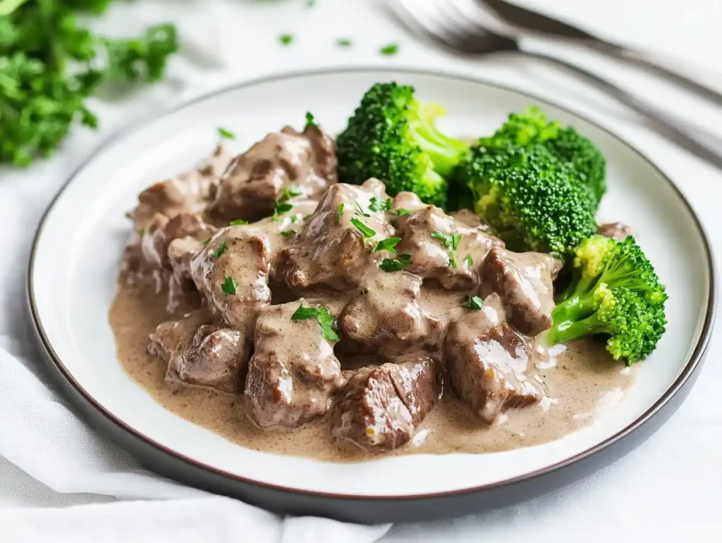 Healthy beef stroganoff served with a side of steamed broccoli.