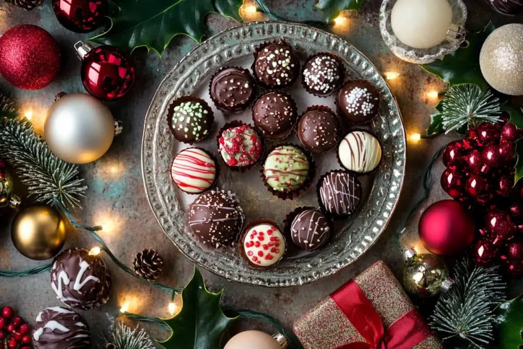Festive Xmas truffles on a holiday table with decorations.