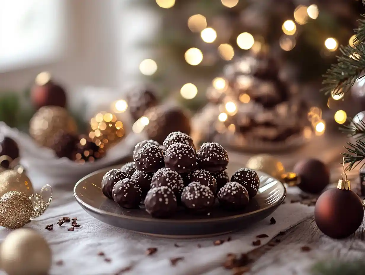 A festive display of homemade chocolate truffles dusted with cocoa powder and decorated with holiday ornaments.