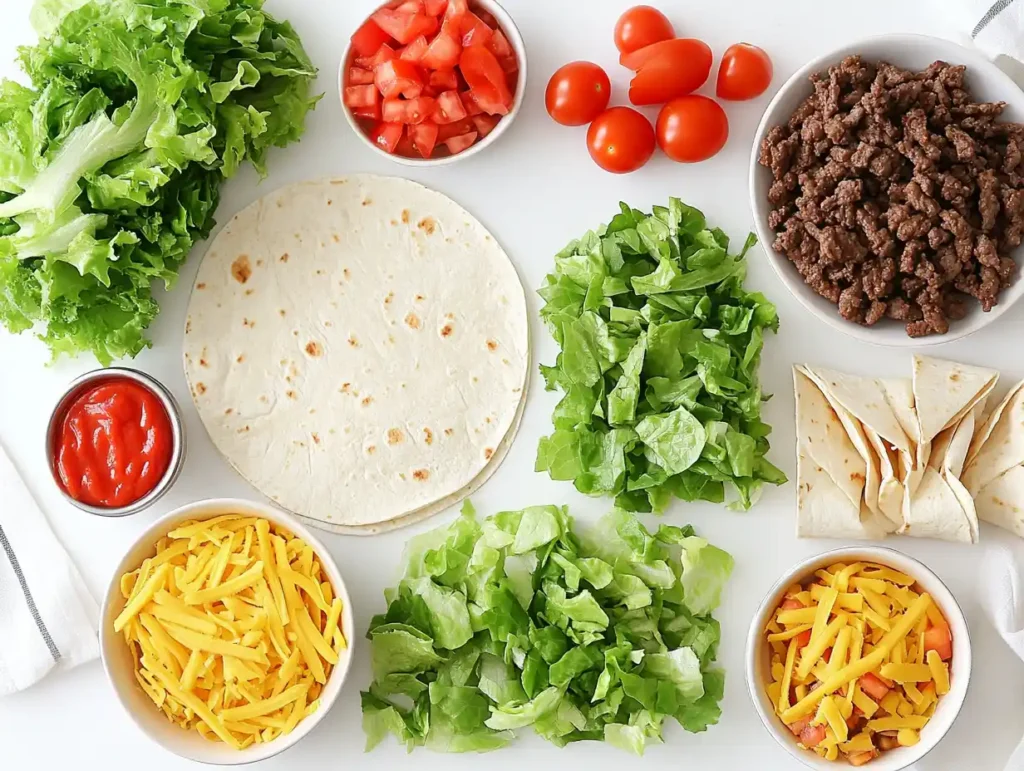Ingredients of a Crunchwrap like tortilla, beef, cheese, and vegetables displayed in a flat lay style