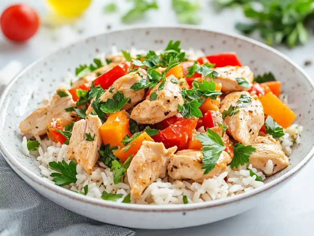 A vibrant bowl of chicken and rice garnished with fresh herbs, showcasing modern presentation