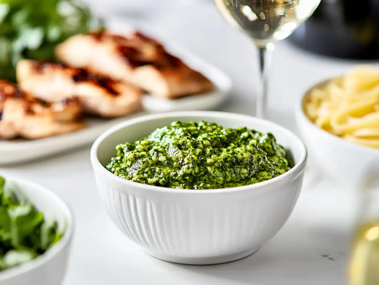 Fresh bowl of pesto with vibrant green color surrounded by modern plating of dishes.