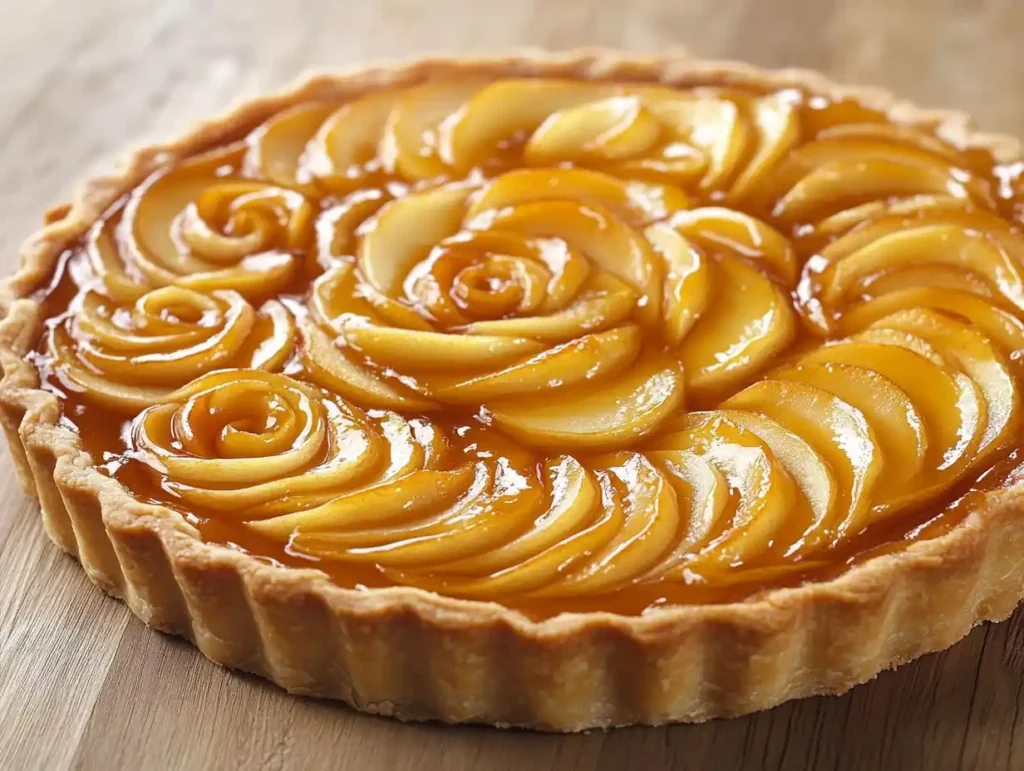French Apple Tart with glossy apple slices.