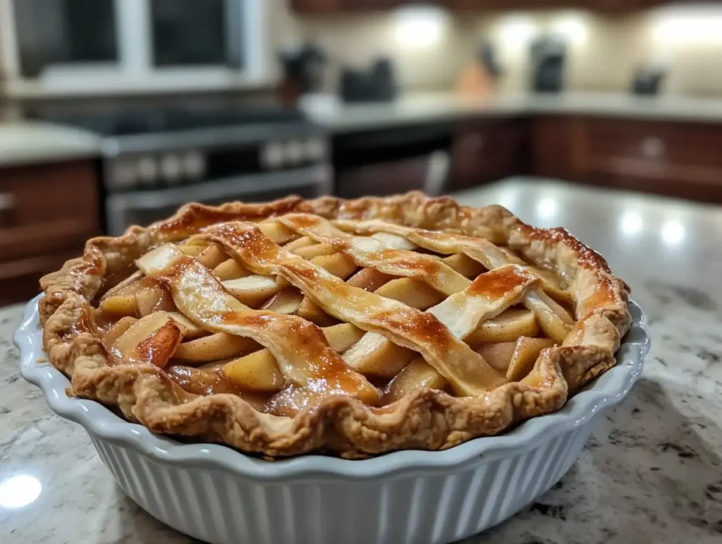 A beautifully baked French apple pie on a rustic wooden table.