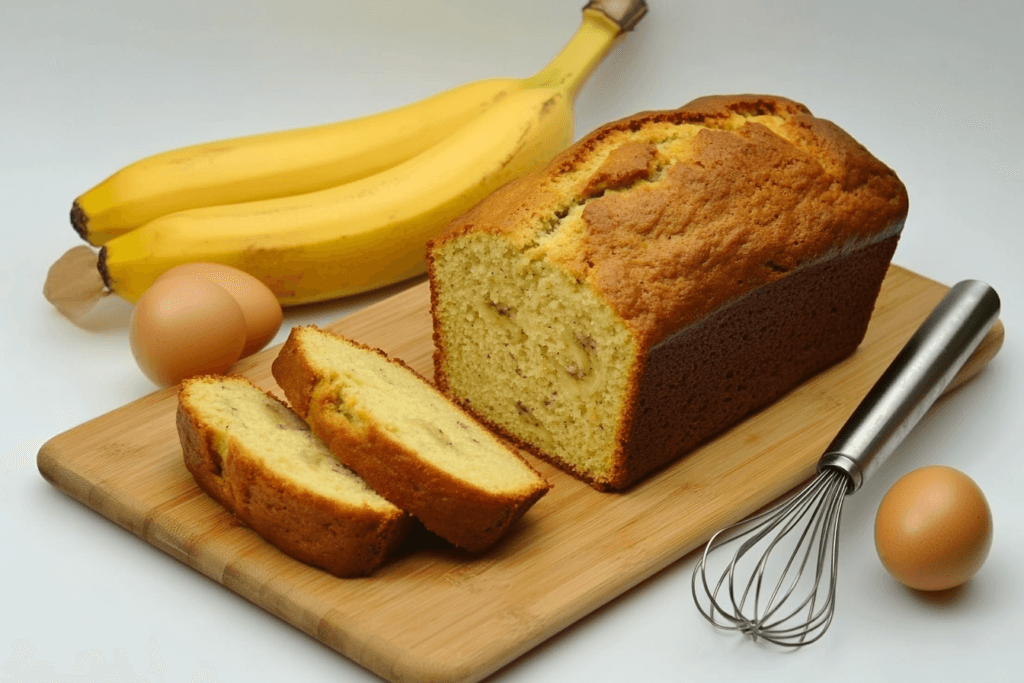 Freshly baked banana bread with baking ingredients on a wooden cutting board.