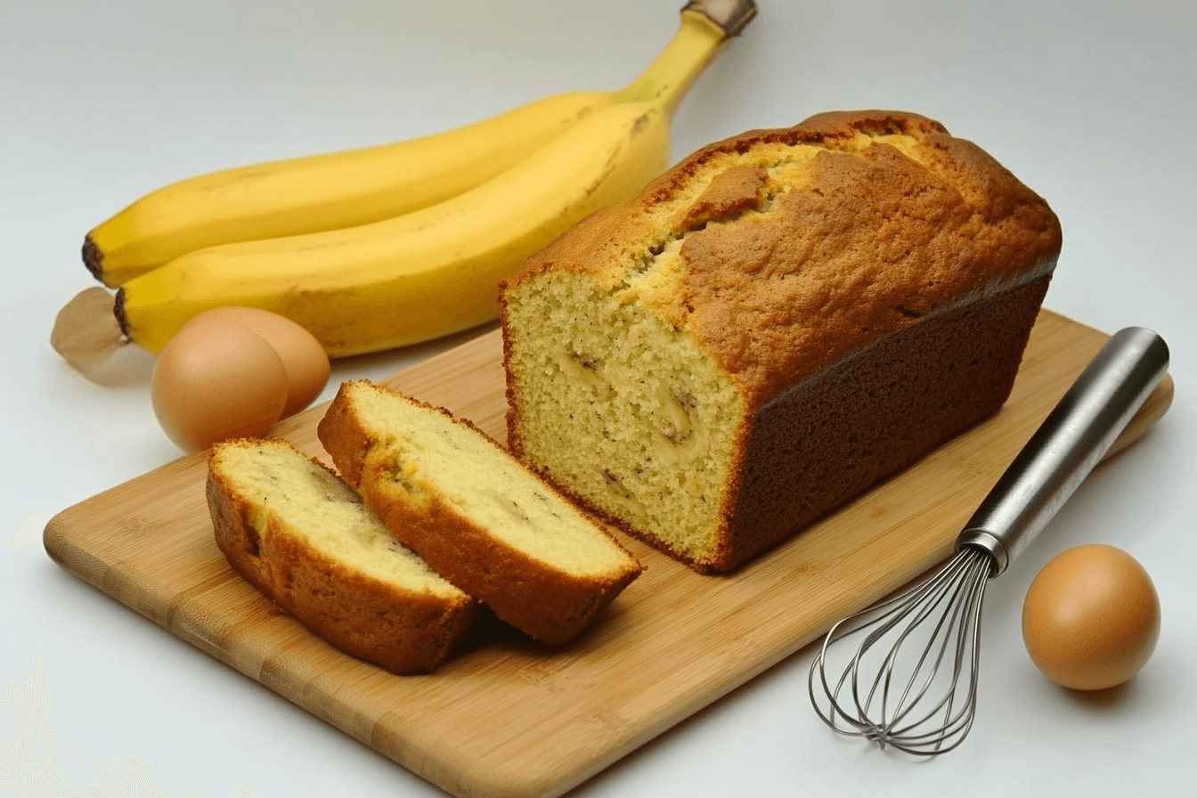 Freshly baked banana bread with baking ingredients on a wooden cutting board.