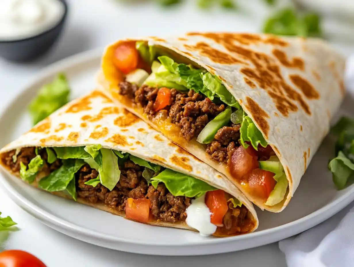 A freshly made Crunchwrap with golden brown tortilla and colorful fillings on a modern white plate