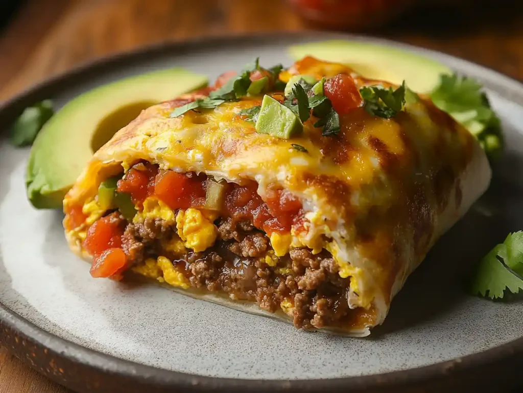 Breakfast burrito with eggs, ground beef, and vegetables.