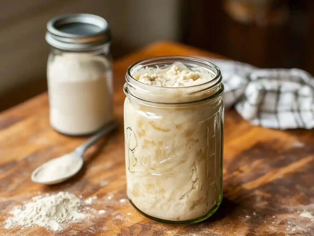 A glass jar filled with an active sourdough starter, bubbling and overflowing slightly.