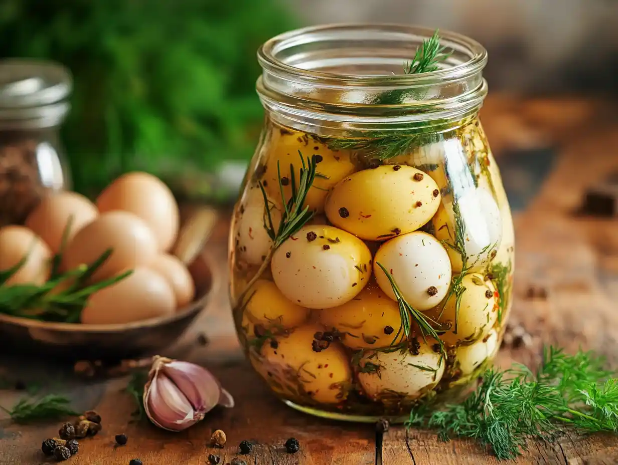A jar of pickled eggs with a colorful brine.