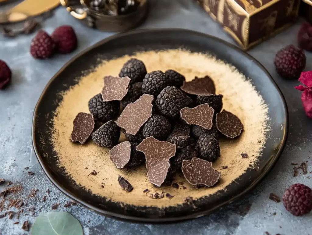 A gourmet dish with shaved truffles alongside a gift box of chocolate truffles.