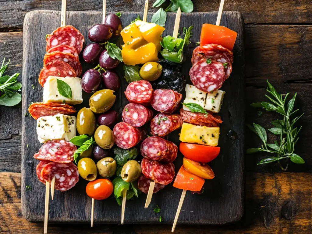 A tray of colorful charcuterie skewers featuring meats, cheeses, and fruits.