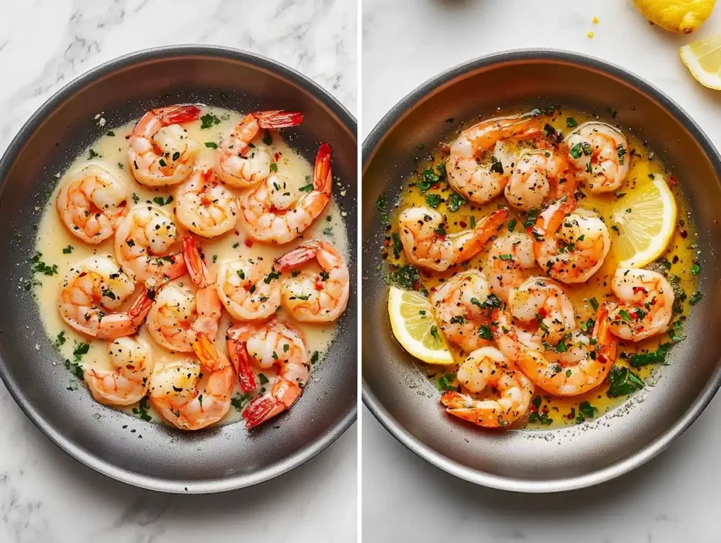 Modern shrimp dish cooked in butter and oil in a stylish skillet
