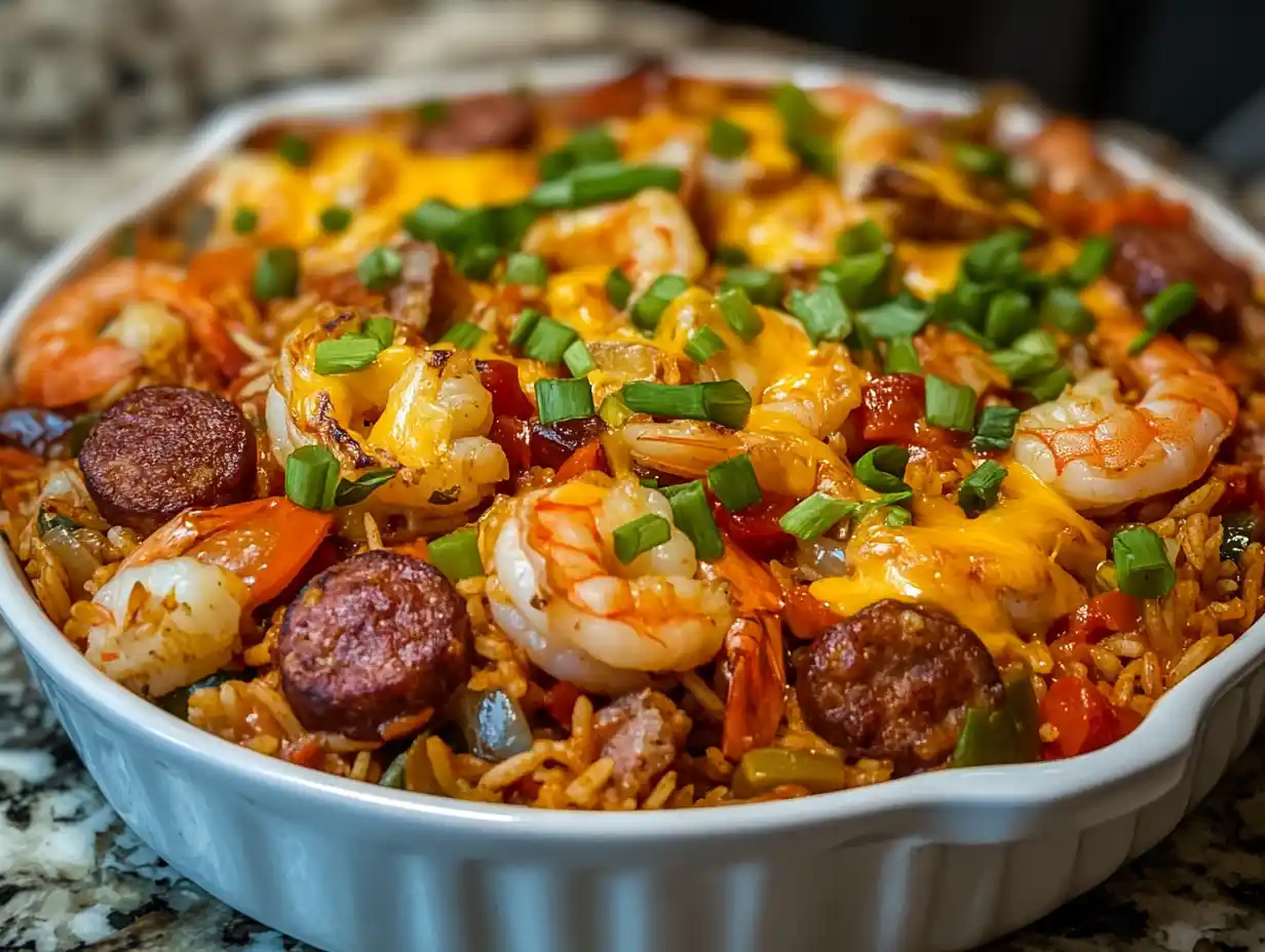 Jambalaya with melted cheese in a serving dish.