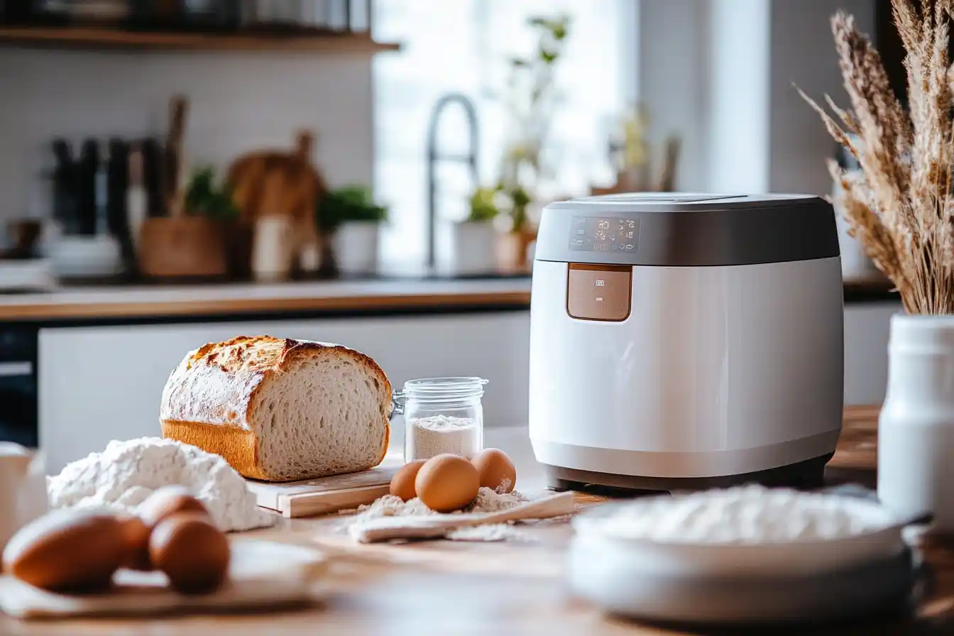 Bread machine with ingredients and a freshly baked loaf on a kitchen counter.