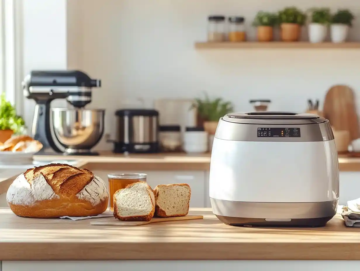 Breadmaker on a kitchen counter with artisan bread and modern appliances.