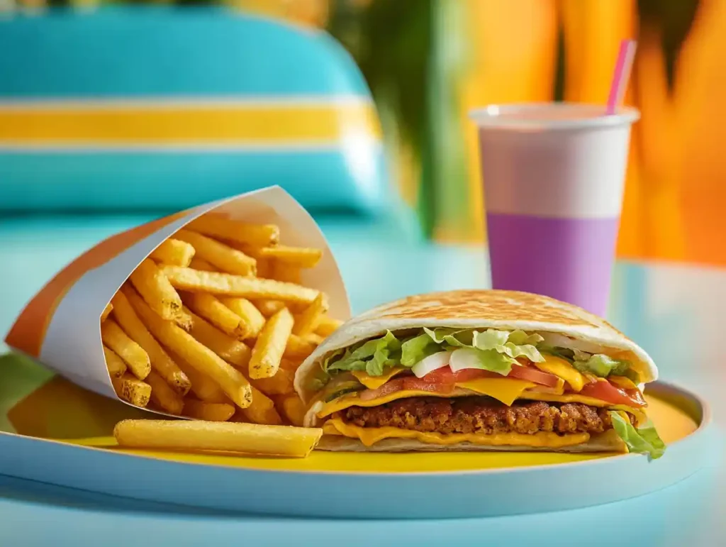 A Crunchwrap served alongside fast-food favorites in a trendy setting