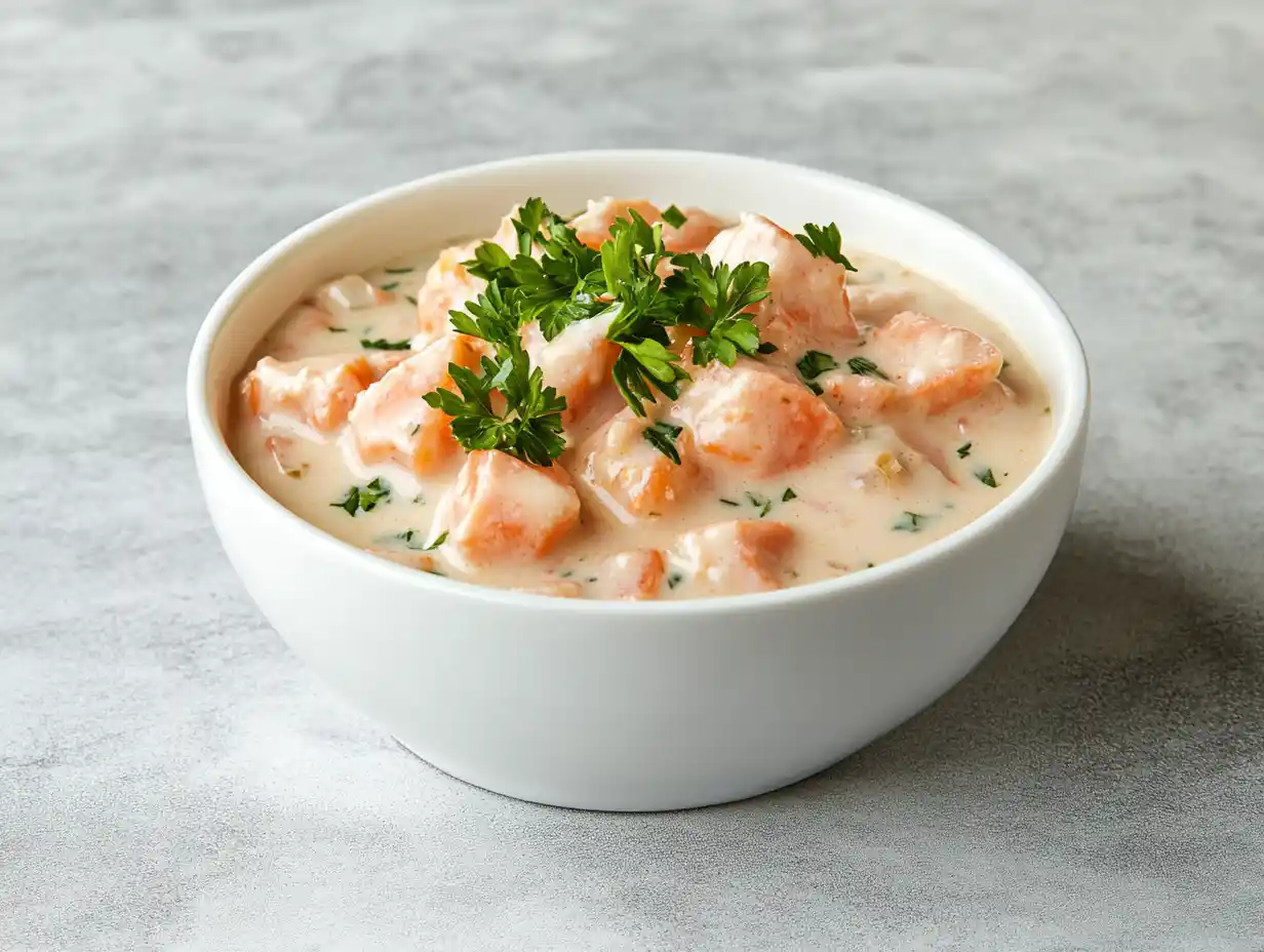 Fresh, creamy chowder served in a modern white bowl with garnish