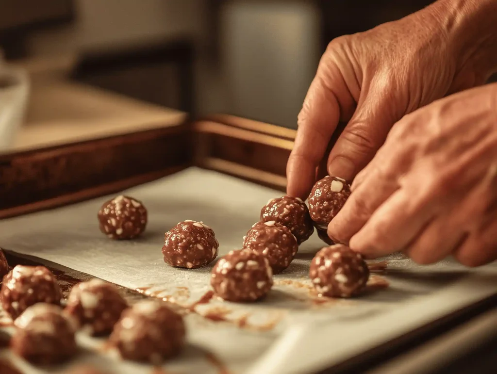 Butterfinger ball mixture being rolled into balls