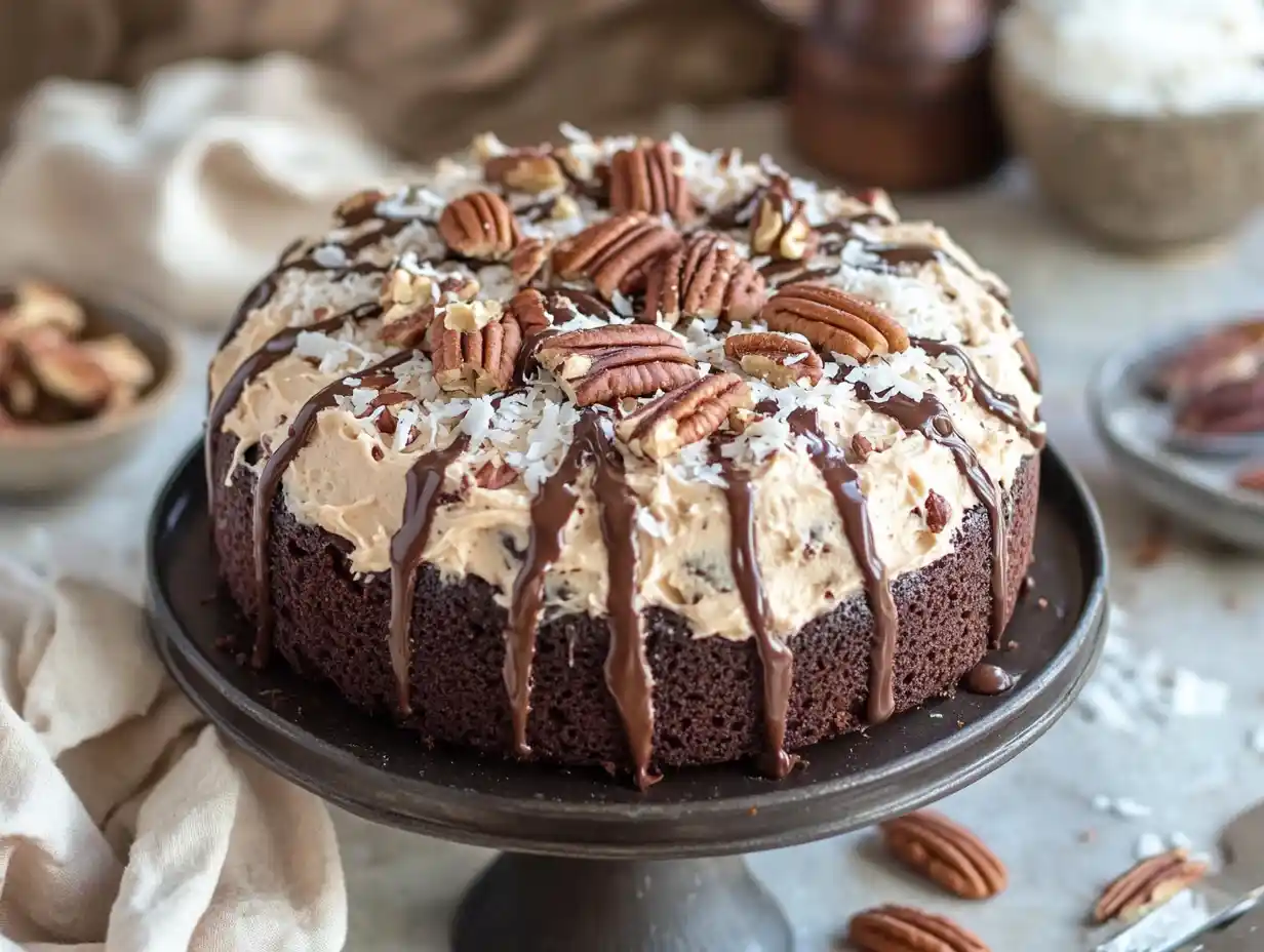 German Chocolate Poke Cake with frosting and toppings