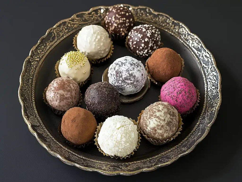 A plate of assorted chocolate truffles with different coatings.