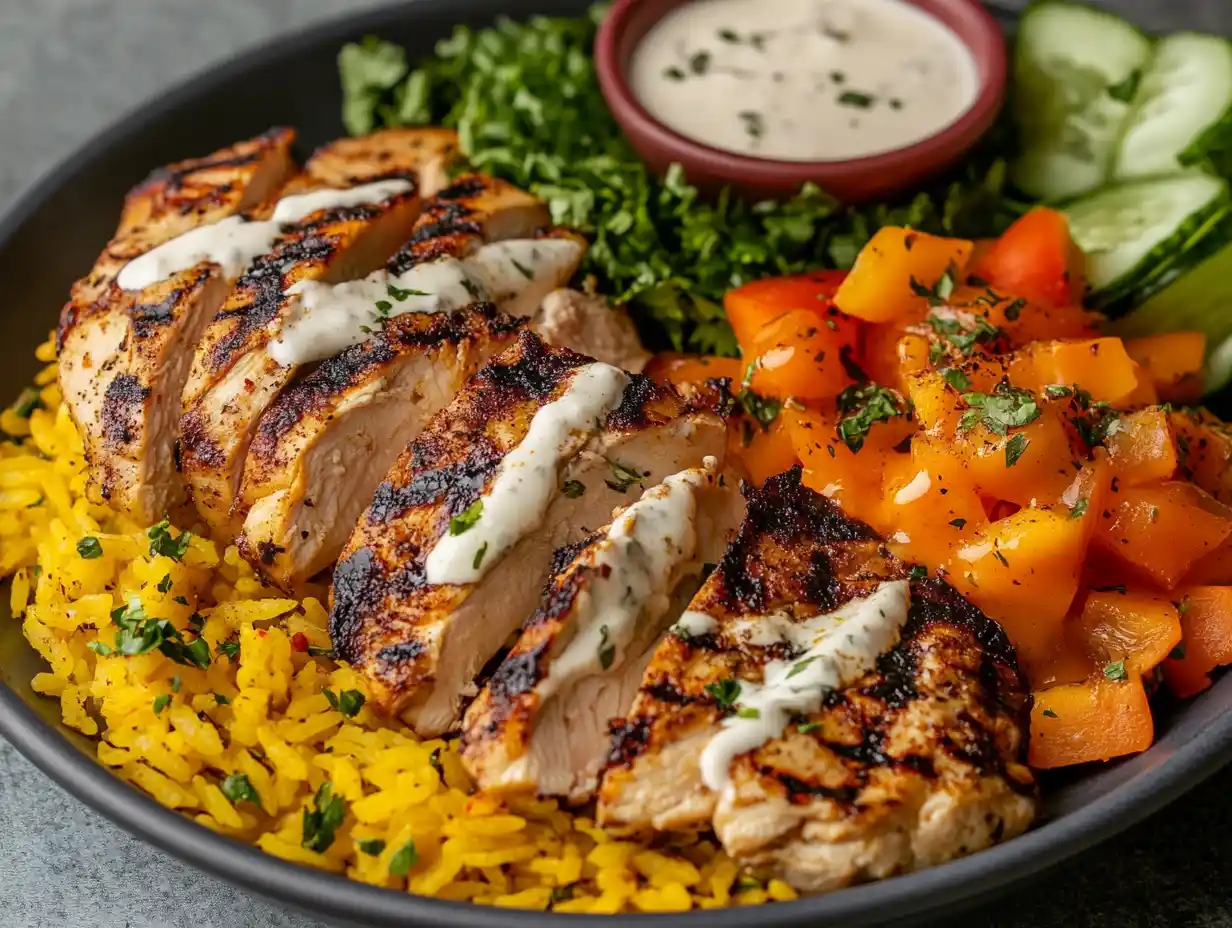 Grilled chicken served over yellow rice with white and hot sauces