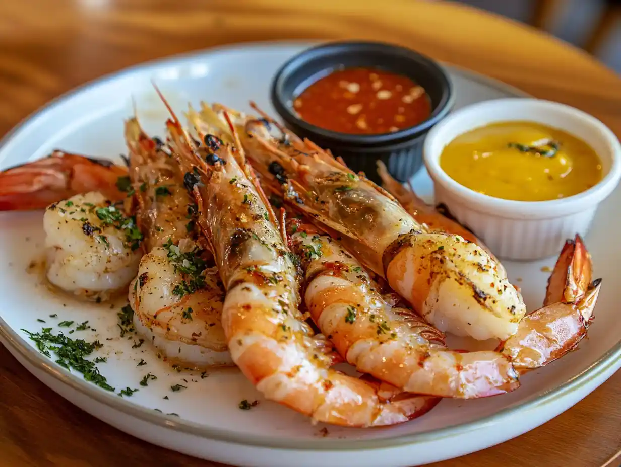 Shrimp served with multiple dipping sauces.