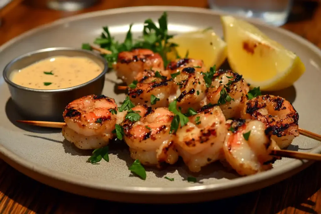 Grilled shrimp skewers with lemon and parsley.