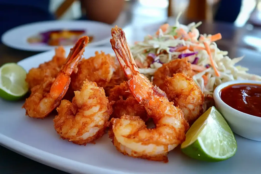 Coconut shrimp with dipping sauce and coleslaw.