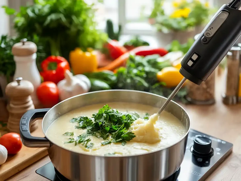 Potato purée being blended into chowder