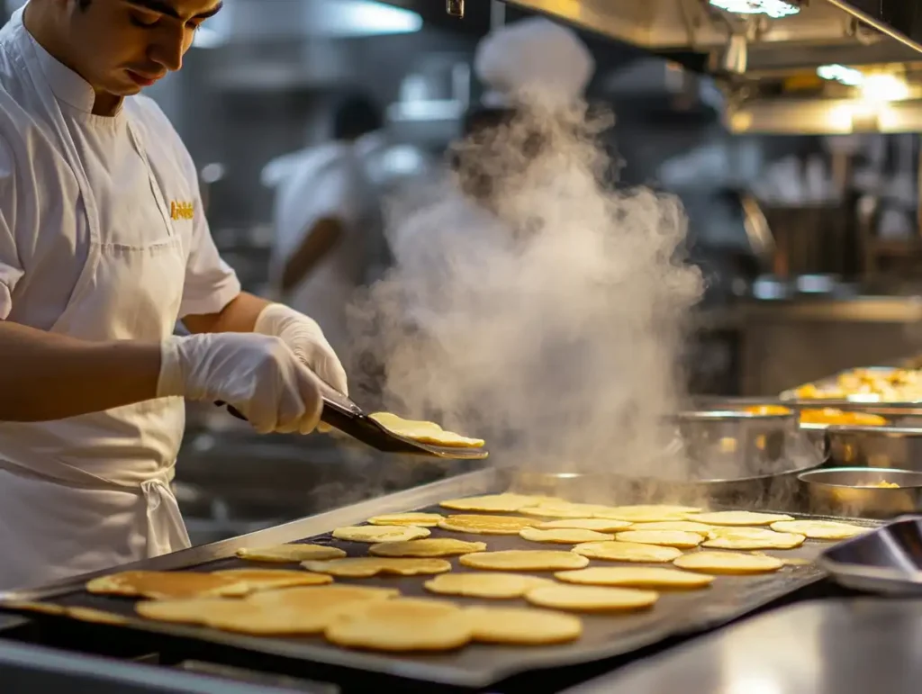 A chef flipping pancakes on a griddle.