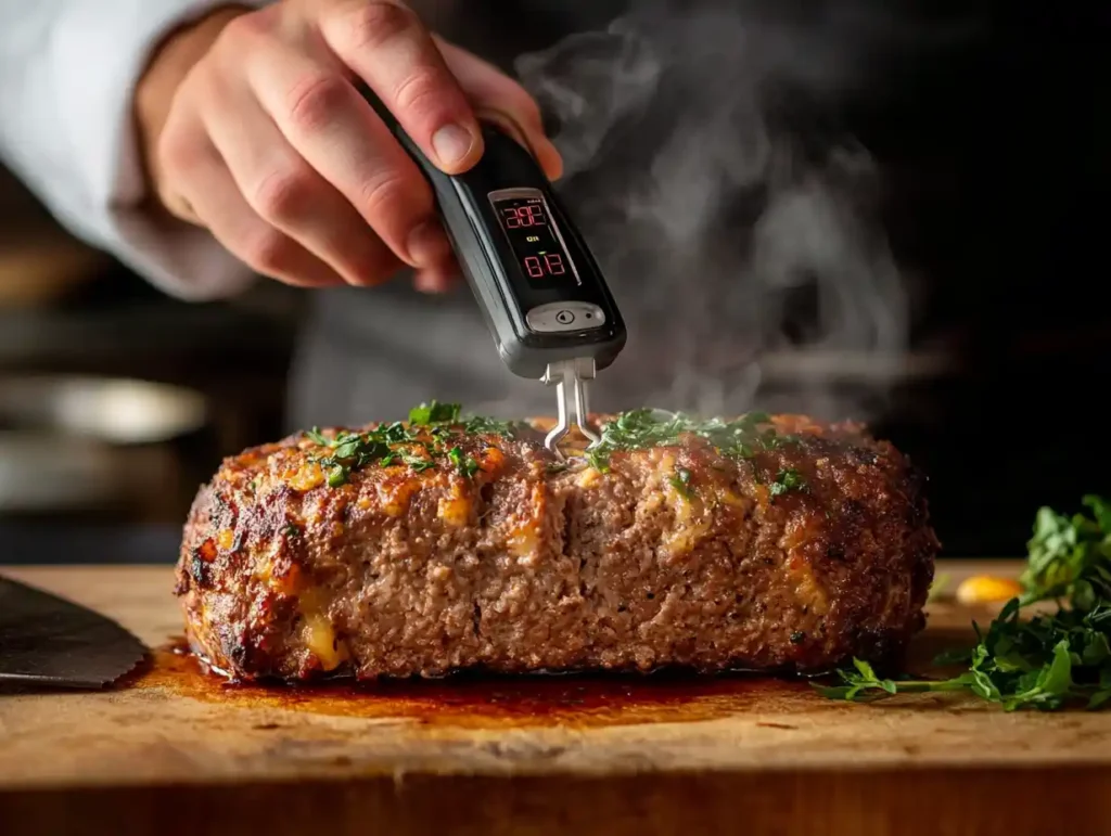 A chef holding a meat thermometer over a cooked meatloaf.