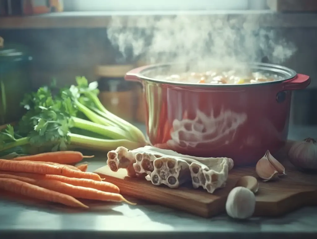 A rustic kitchen setup with a pot of simmering bone broth surrounded by fresh vegetables and raw soup bones.