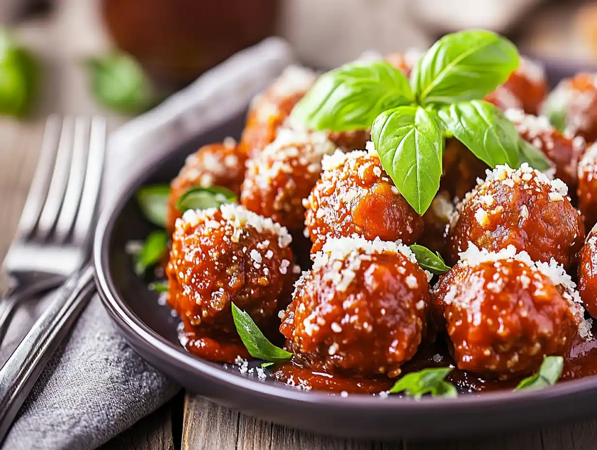 A plate of delicious meatballs with sauce and herbs.