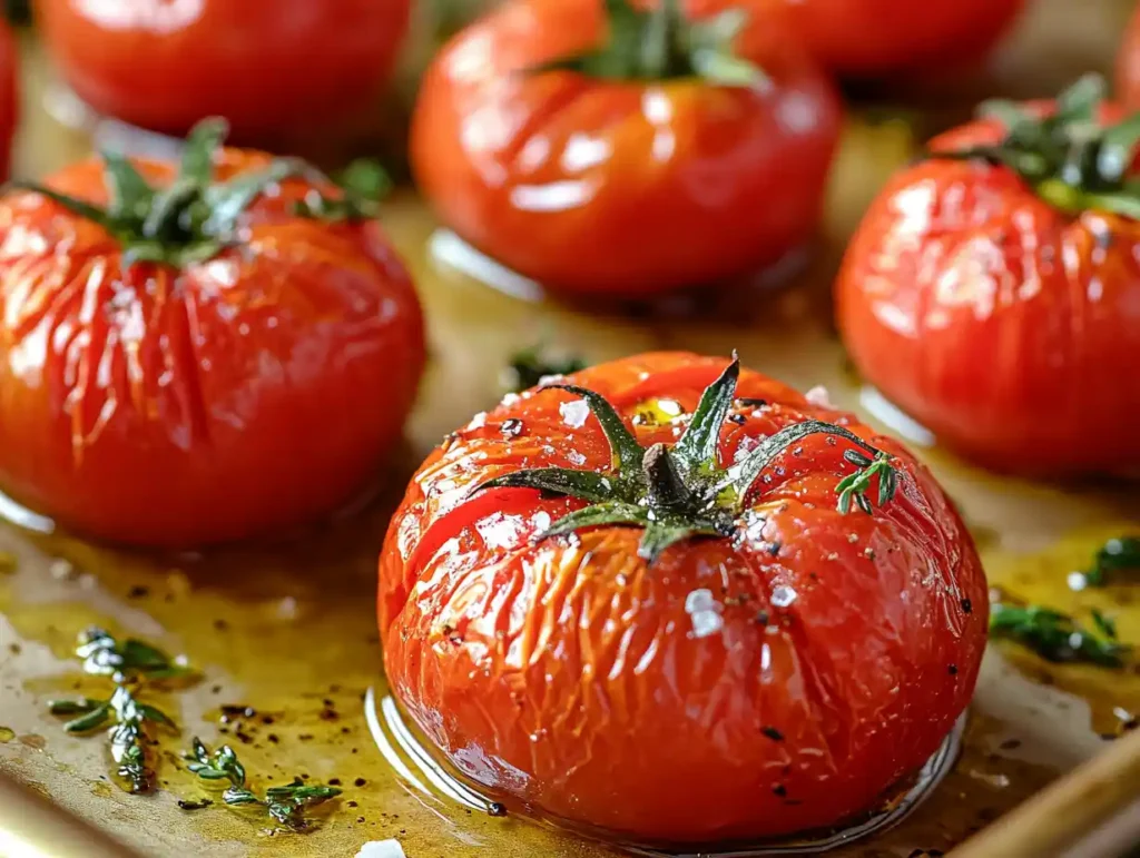 Freshly roasted tomatoes on a baking tray, seasoned with olive oil and herbs.