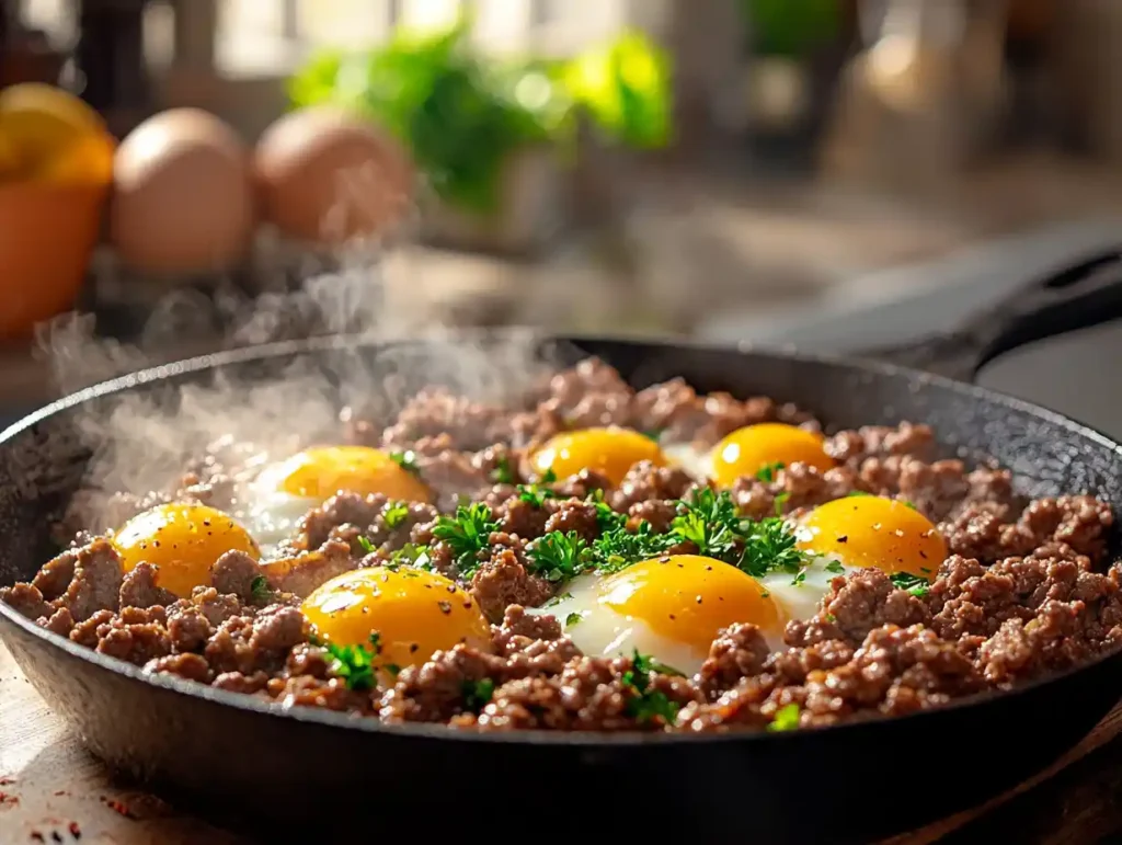 Eggs and ground beef being cooked in a skillet with fresh herbs.