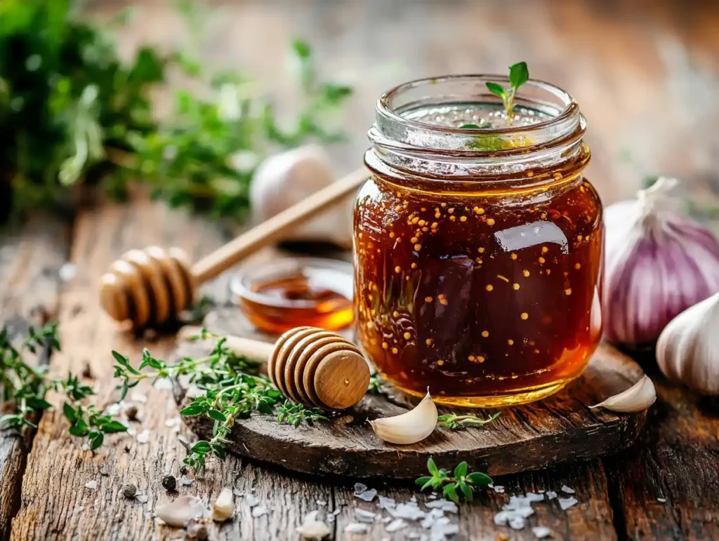 A jar of honey garlic sauce with fresh garlic and honeycomb.