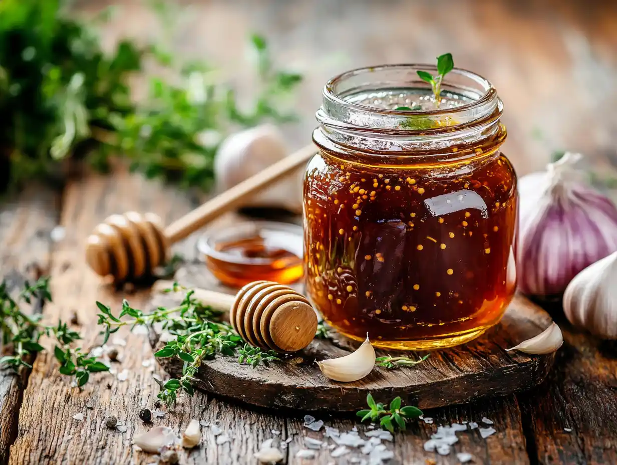 A jar of honey garlic sauce with fresh garlic and honeycomb.