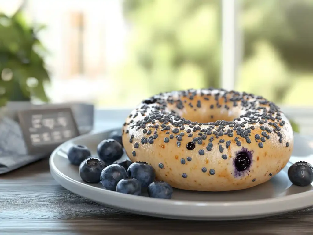 A blueberry bagel on a plate with nutritional facts beside it.