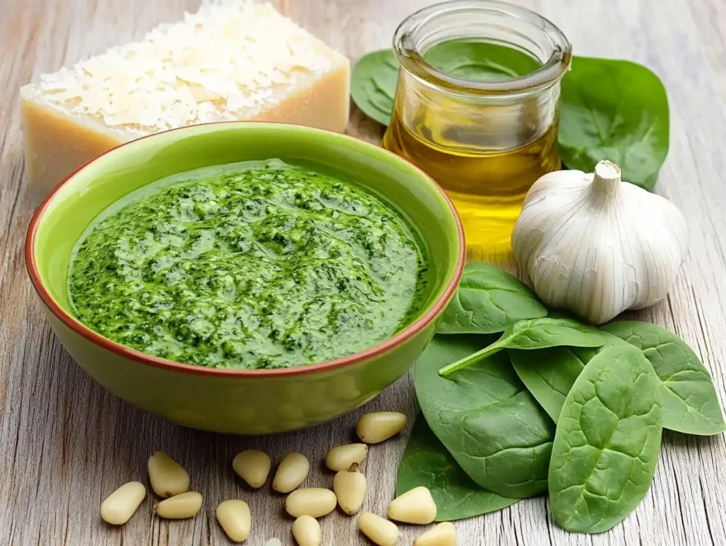 Fresh spinach and pesto sauce on a rustic wooden table.