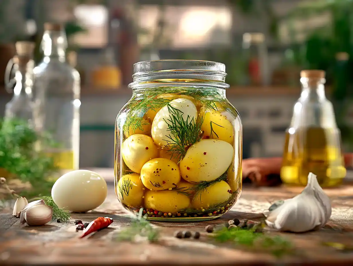 A jar of perfectly pickled eggs with a variety of spices.